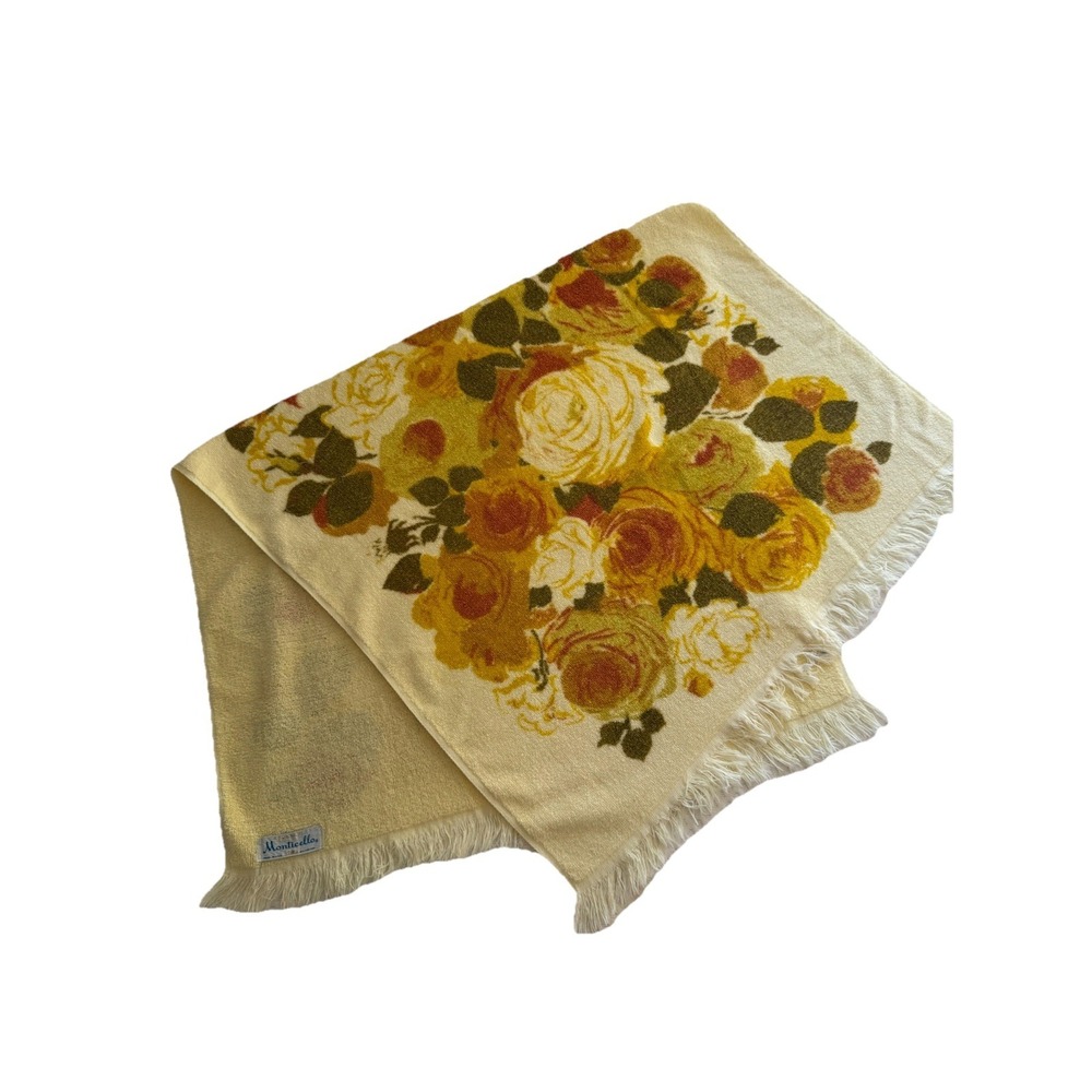 Vtg 60s 70s Cannon Monticello Yellow Floral Hand Towel Mod MCM Fringe